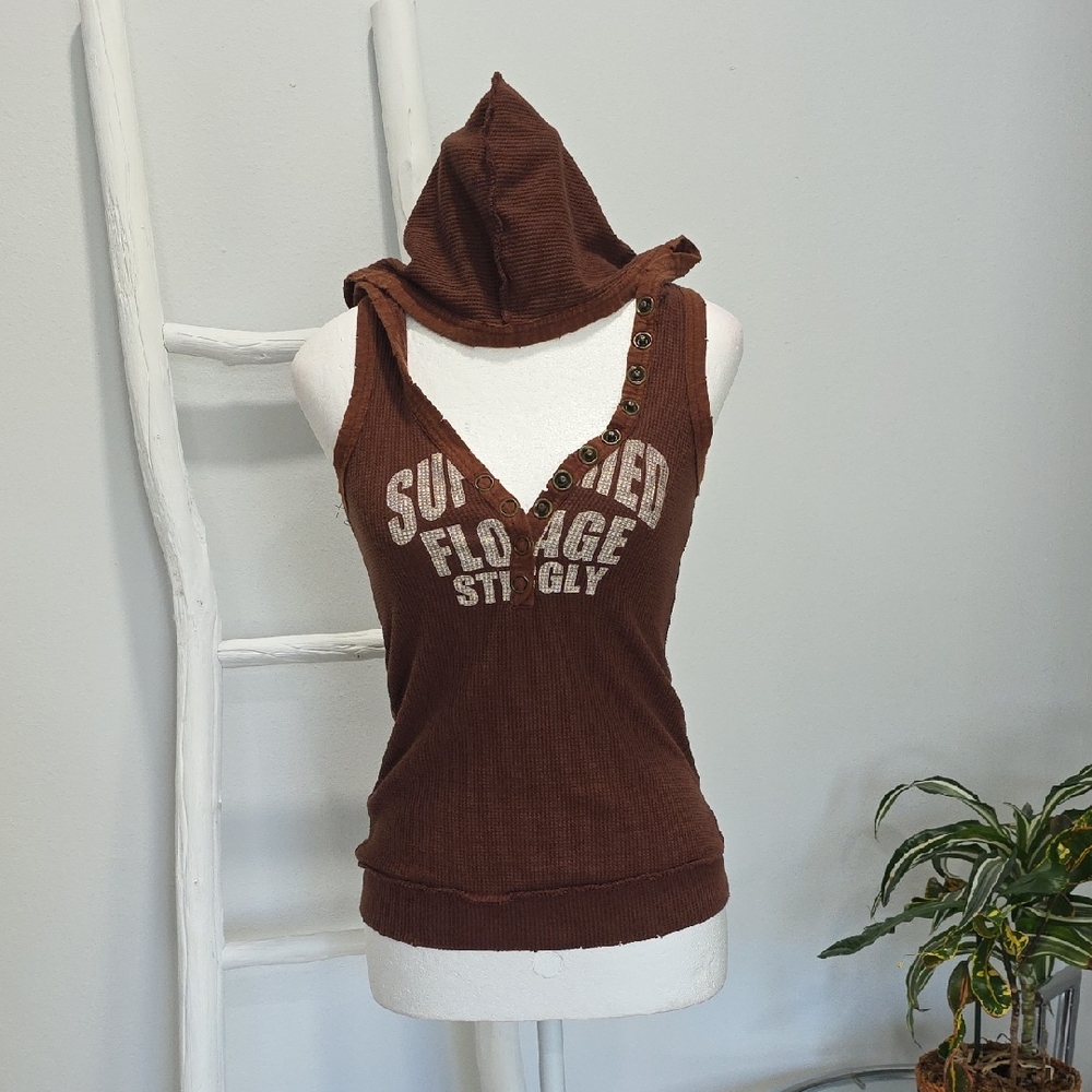 Brown Hooded Ribbed Tank Top with Distressed Eyelet Detail